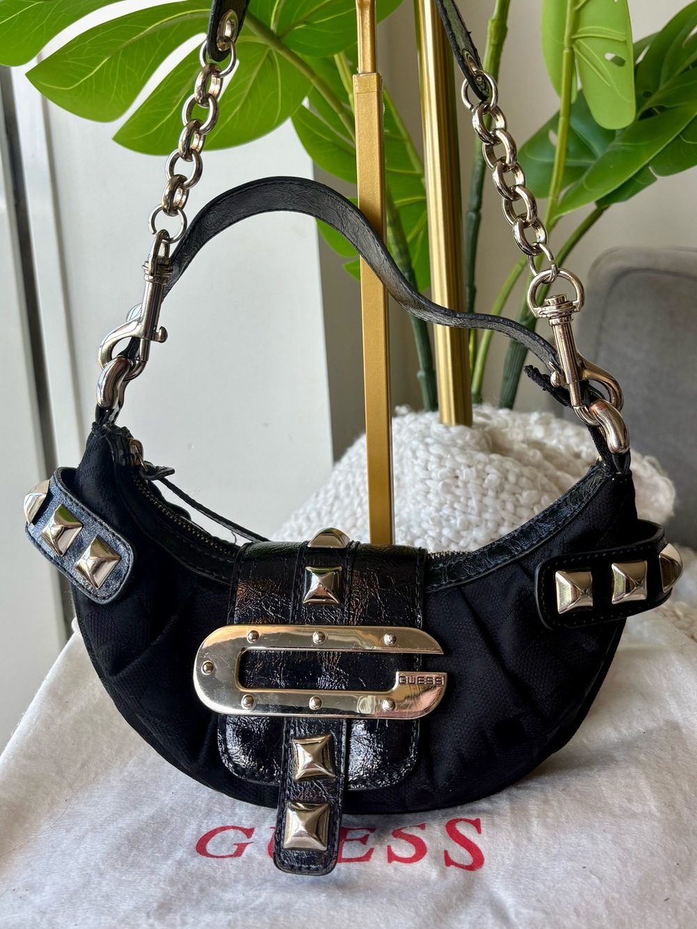 Vintage Y2K GUESS Black Monogram Studded Shoulder Bag + Matching Wallet Set